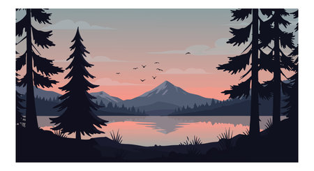 Vector illustration shows calm mountain lake surrounded by pine trees and flying birds during sunset with pink and blue colors. Peaceful mood.のイラスト素材