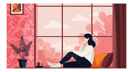 Woman sits by a large window with a cup of coffee in a cozy pink-themed living room, creating a calm and peaceful atmosphere.のイラスト素材