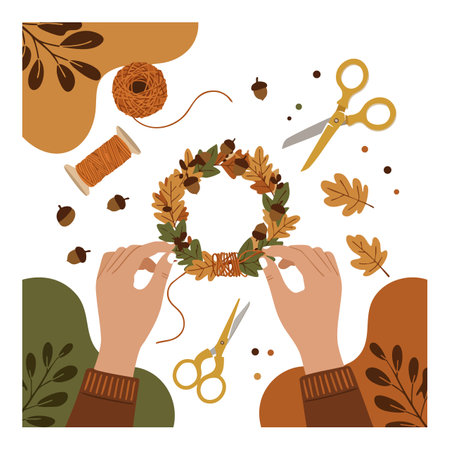 Hands create an autumn wreath using brown leaves, acorns, and string with scissors on a warm-toned background, showing cozy fall crafting mood.のイラスト素材
