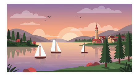 Illustration shows sailboats on a calm lake near a village with a tower at sunset, surrounded by mountains and trees in peaceful mood.のイラスト素材