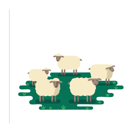 Illustration shows five sheep standing and grazing on green grass in a flat vector style with calm and peaceful mood.のイラスト素材