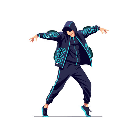 Vector illustration shows a street dancer in hooded jacket and sneakers striking a bold pose with blue accents, creating an energetic atmosphere.のイラスト素材