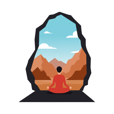Person sits meditating inside a cave facing distant mountains under a blue sky with clouds, creating a calm and peaceful atmosphere.のイラスト素材
