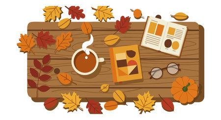 Illustration shows a wooden table with coffee, books, glasses, pumpkin, and autumn leaves creating a warm, cozy fall atmosphere. Calm mood.のイラスト素材