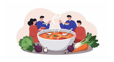 Four people share a large bowl of steaming vegetable soup surrounded by fresh vegetables, creating a warm and cozy atmosphere. Calm mood.のイラスト素材