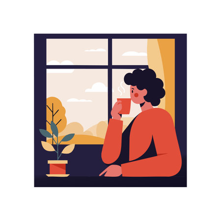 Illustration shows a person enjoying hot coffee near a window with a potted plant and autumn colors, creating a calm and warm atmosphere.のイラスト素材