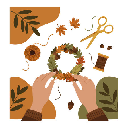 Hands create an autumn wreath with leaves, thread, and scissors in warm brown and green colors, evoking a cozy seasonal mood.のイラスト素材