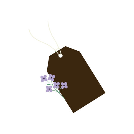 Vector image shows a dark brown gift tag decorated with small purple flowers and attached string, presented in a simple style. Calm.のイラスト素材