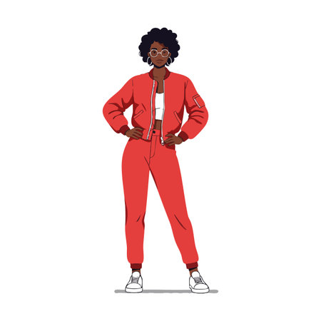 Illustration shows a confident young woman wearing a red tracksuit and glasses, standing with hands...