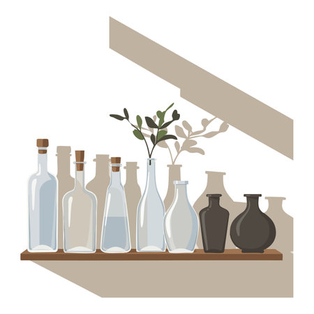 Vector illustration shows clear and brown glass bottles with green leaves on a wooden shelf in soft natural light, calm atmosphere.のイラスト素材