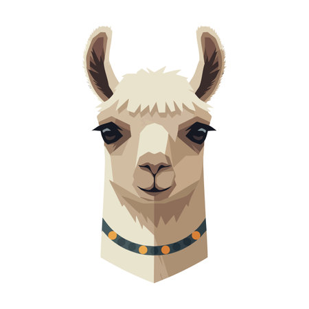 Illustration shows an alpaca head wearing a decorative collar with natural beige and brown tones in a close-up portrait style. Calm mood.のイラスト素材