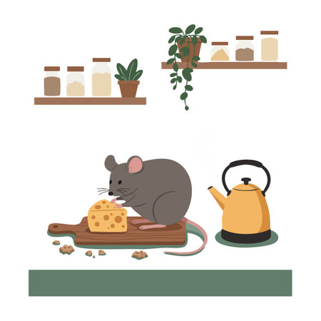 Vector illustration shows mouse eating cheese on wooden cutting board with kitchen shelves and kettle in warm lighting. Calm and cozy mood.のイラスト素材