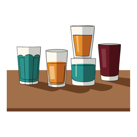 Illustration shows five glasses with different colored drinks arranged on a wooden table, highlighting contrast and simplicity, calm mood.のイラスト素材