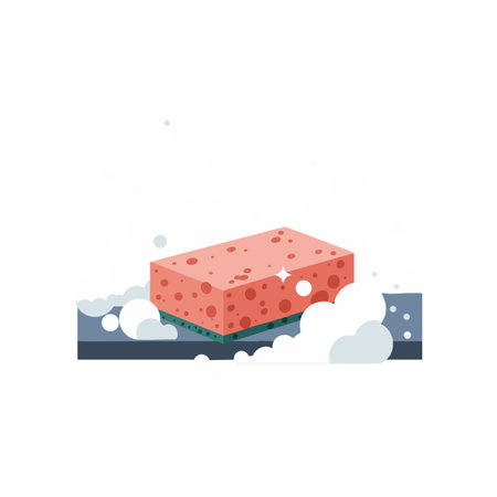 Illustration of a cleaning sponge with bubbles and foam representing household cleaning and hygiene activities in a bright style. Cheerful mood.のイラスト素材