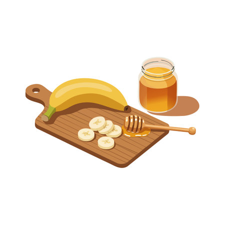 This vector shows a banana, honey jar, and honey dipper on a wooden cutting board, highlighting natural food elements in warm tones. Calm mood.のイラスト素材