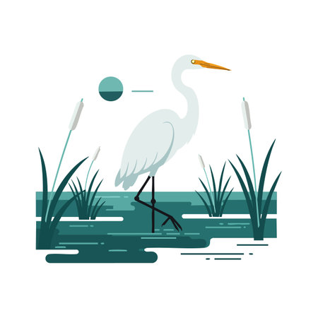 Illustration shows a white heron standing in swamp water surrounded by reeds and plants under soft lighting, creating a calm atmosphere.のイラスト素材