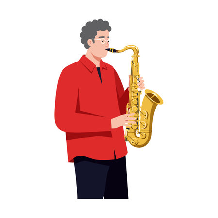 Illustration shows a man standing and playing a golden saxophone, dressed in a red shirt and black pants, focused and calm.のイラスト素材