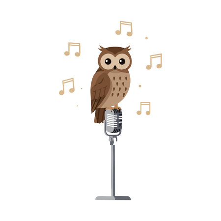 Vector illustration of a brown owl singing on a vintage microphone surrounded by musical notes in a minimal style, creating a charming mood.のイラスト素材