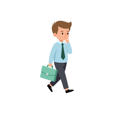 Young businessman walks thoughtfully carrying a briefcase, dressed in formal attire, conveying focus and contemplation mood.のイラスト素材