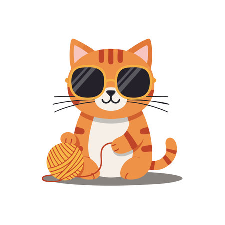This vector shows an orange tabby cat wearing dark sunglasses playing with a ball of yarn in a playful mood.のイラスト素材