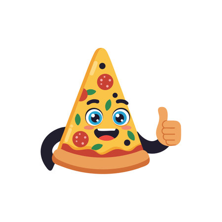 Smiling pizza slice character shows thumbs up with large eyes and toppings in a fun, cheerful style. Playful and upbeat mood.のイラスト素材