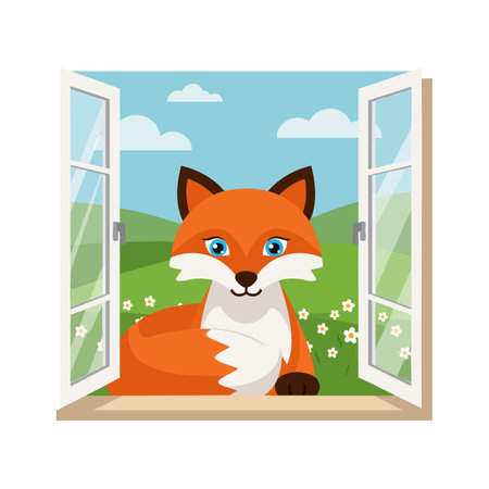 Illustration shows a fox sitting calmly at an open window with a blue sky and green hills in the background, creating a peaceful scene.のイラスト素材