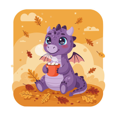 Adorable purple baby dragon holds a cup while sitting in orange autumn leaves with falling foliage around, creating a cozy atmosphere. Charming.のイラスト素材
