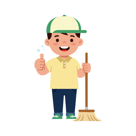 Young boy wearing yellow shirt and green cap holding a broom and giving thumbs up while cleaning, showing cheerful and positive mood.のイラスト素材