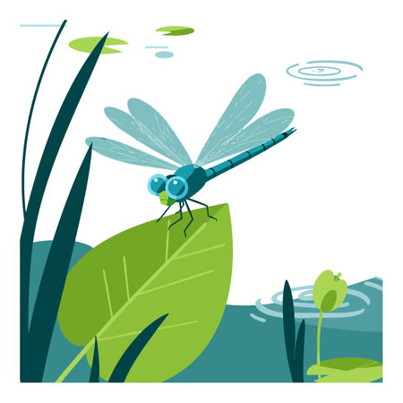 Blue dragonfly perches on a large green leaf by a calm pond with lily pads and water ripples, creating a peaceful nature scene.のイラスト素材