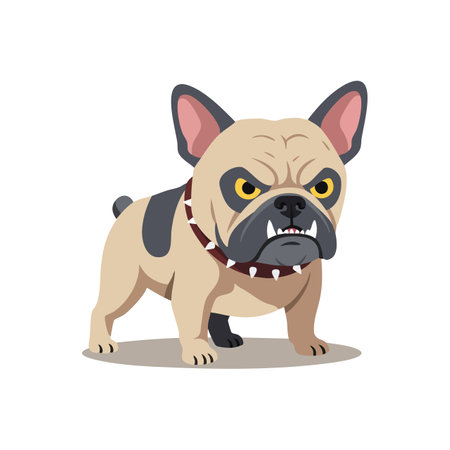Illustration shows an angry bulldog dog with yellow eyes and spiked collar standing on ground in flat style. Fierce mood.のイラスト素材