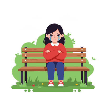 Illustration shows a sad girl sitting alone on a wooden bench in a park with arms crossed and tears, conveying loneliness and sadness. Calm mood.のイラスト素材