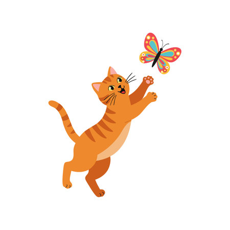 Illustration shows a playful orange cat reaching a colorful butterfly with its paws, creating a lively and joyful atmosphere. Cheerful mood.のイラスト素材