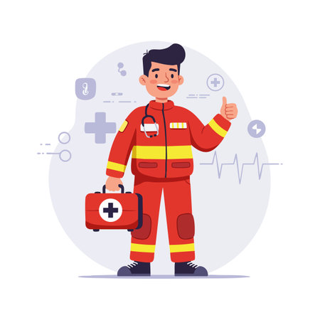 Illustration shows male paramedic in red suit holding medical kit with health symbols in background, conveying readiness and care, positive mood.のイラスト素材