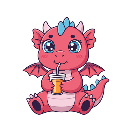 This vector shows a cute red baby dragon with blue spikes drinking juice through a straw, sitting happily with a playful expression. Cheerful mood.のイラスト素材