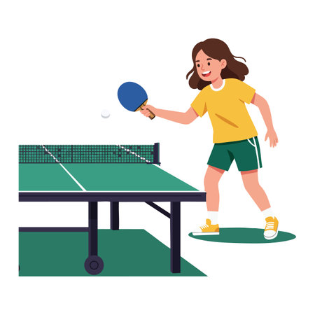Illustration shows a girl in yellow shirt and green shorts playing table tennis with paddle and ball in active mood.のイラスト素材