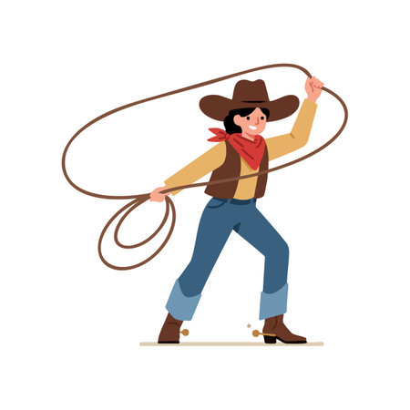 Illustration shows cowboy character skillfully swinging lasso rope with confident expression in vibrant colors and dynamic posture cheerful mood.のイラスト素材