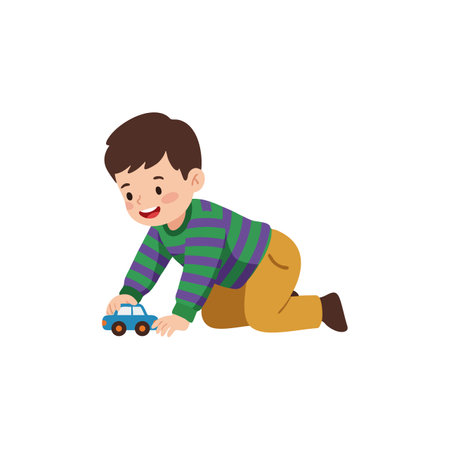 A smiling boy in a green and purple striped shirt plays with a blue toy car on the floor in a happy and playful mood.のイラスト素材