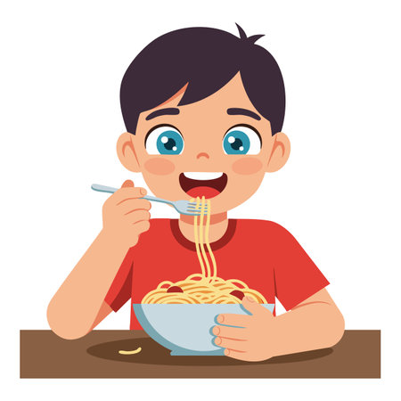 A cheerful boy with blue eyes eating spaghetti from a bowl using a fork, showing enjoyment and delight in a bright setting.のイラスト素材