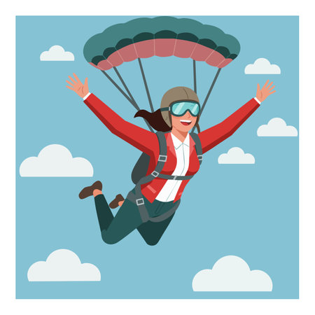 Illustration shows a woman skydiving with a parachute in a blue sky filled with clouds, smiling and...