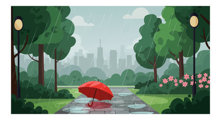 This vector illustration shows a red umbrella on a wet city park path surrounded by trees, flowers, and lampposts under a cloudy sky. Peaceful mood.のイラスト素材