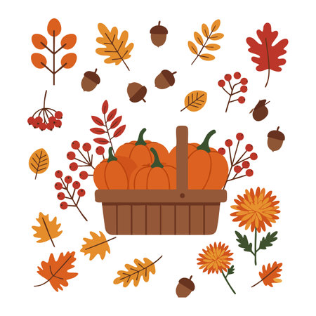 Vector illustration shows basket with pumpkins surrounded by autumn leaves, acorns and flowers in warm colors calm mood.のイラスト素材