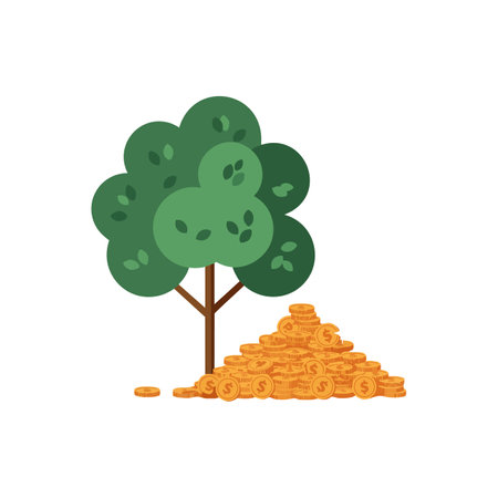 Illustration shows a green money tree next to a heap of golden coins representing wealth and financial growth in a clear style. Calm.のイラスト素材
