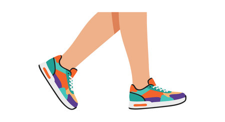 Vector illustration shows legs wearing colorful running shoes with orange, purple, and teal details in walking motion. Active and dynamic mood.のイラスト素材
