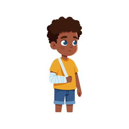 Illustration shows a boy with a broken arm in a sling wearing a yellow shirt and blue shorts, standing thoughtfully, calm mood.のイラスト素材