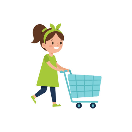 Girl wearing green dress and headband pushes an empty shopping cart happily in a simple flat style. Cheerful mood.のイラスト素材