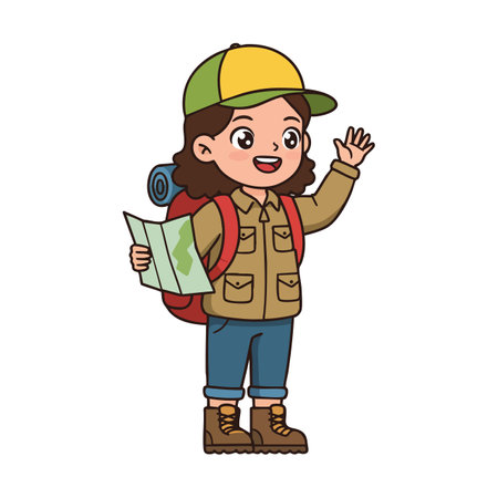 Young female hiker holds a map and waves her hand while wearing outdoor gear and a backpack. Cheerful and adventurous mood.のイラスト素材