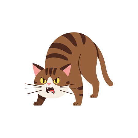 Illustration shows a brown tabby cat with arched back and open mouth expressing anger and aggression in a clear vector style. Energetic mood.のイラスト素材