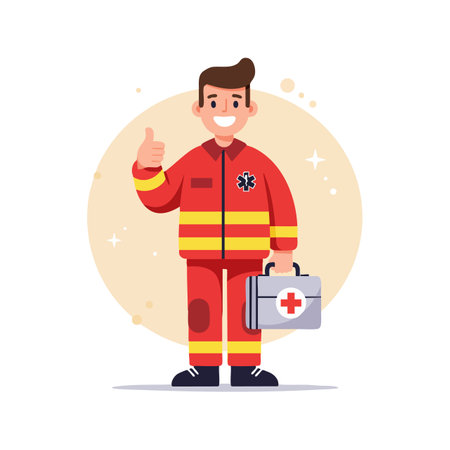 Smiling paramedic in red uniform holds a medical kit and gives a thumbs up, symbolizing emergency medical care and readiness, cheerful mood.のイラスト素材