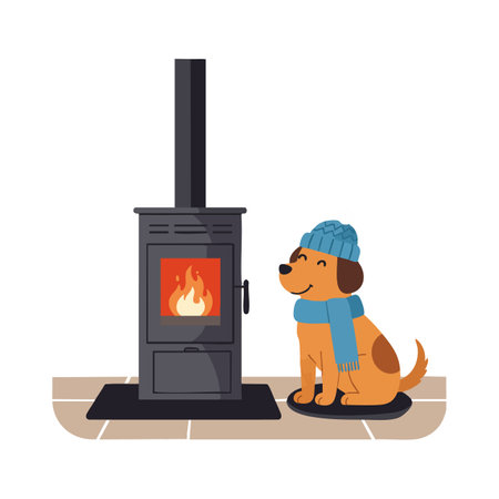 Illustration shows a dog wearing a blue hat and scarf sitting near a wood stove with fire indoors, creating a warm and cozy atmosphere.のイラスト素材