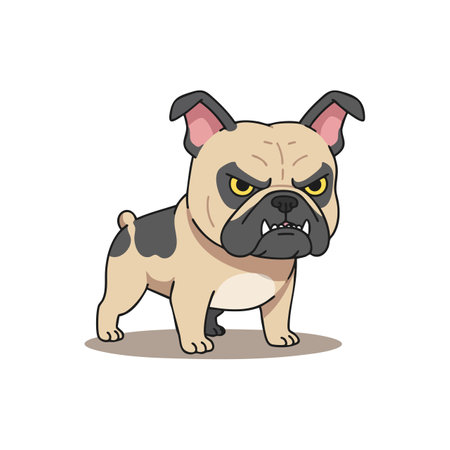 Illustration of an angry bulldog dog standing with furrowed brow and sharp expression on a white background, conveying fierce mood.のイラスト素材